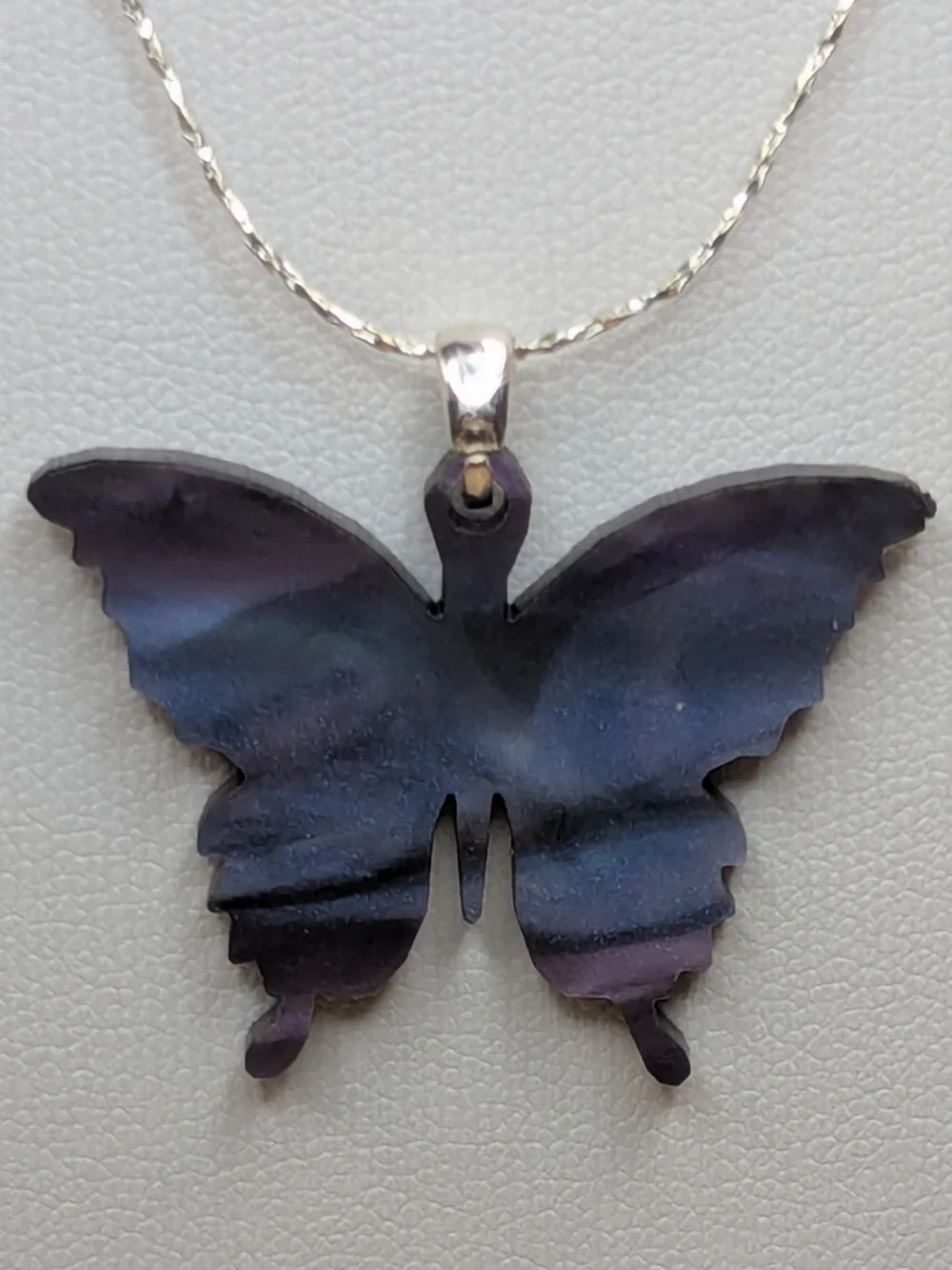 Blue Lavender Butterfly Necklace Reversible Pendant Silver Chain 16.5” + 2 
